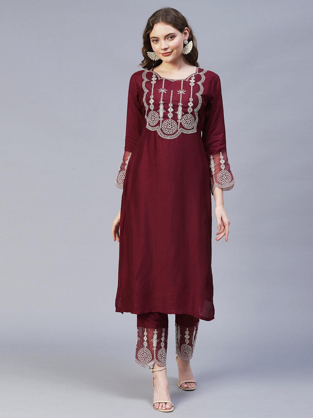 Ethnic Embroidered Kurta with Pants & Dupatta - Maroon - Indiakreations