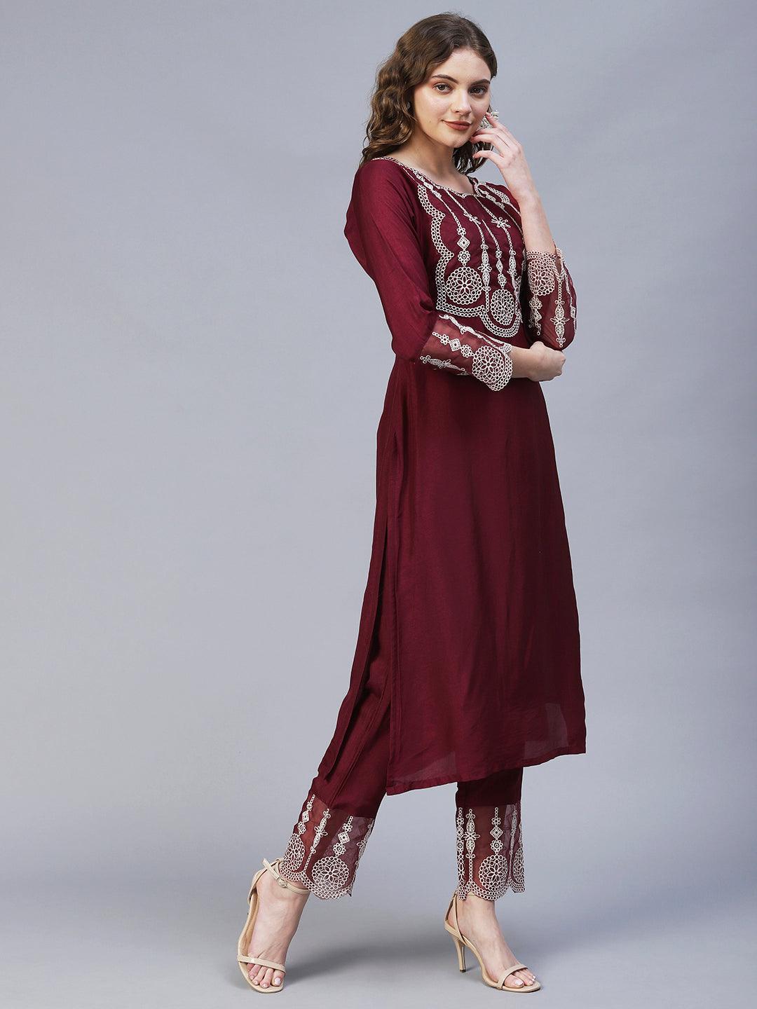 Ethnic Embroidered Kurta with Pants & Dupatta - Maroon - Indiakreations