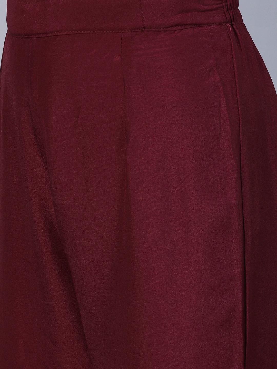 Ethnic Embroidered Kurta with Pants & Dupatta - Maroon - Indiakreations