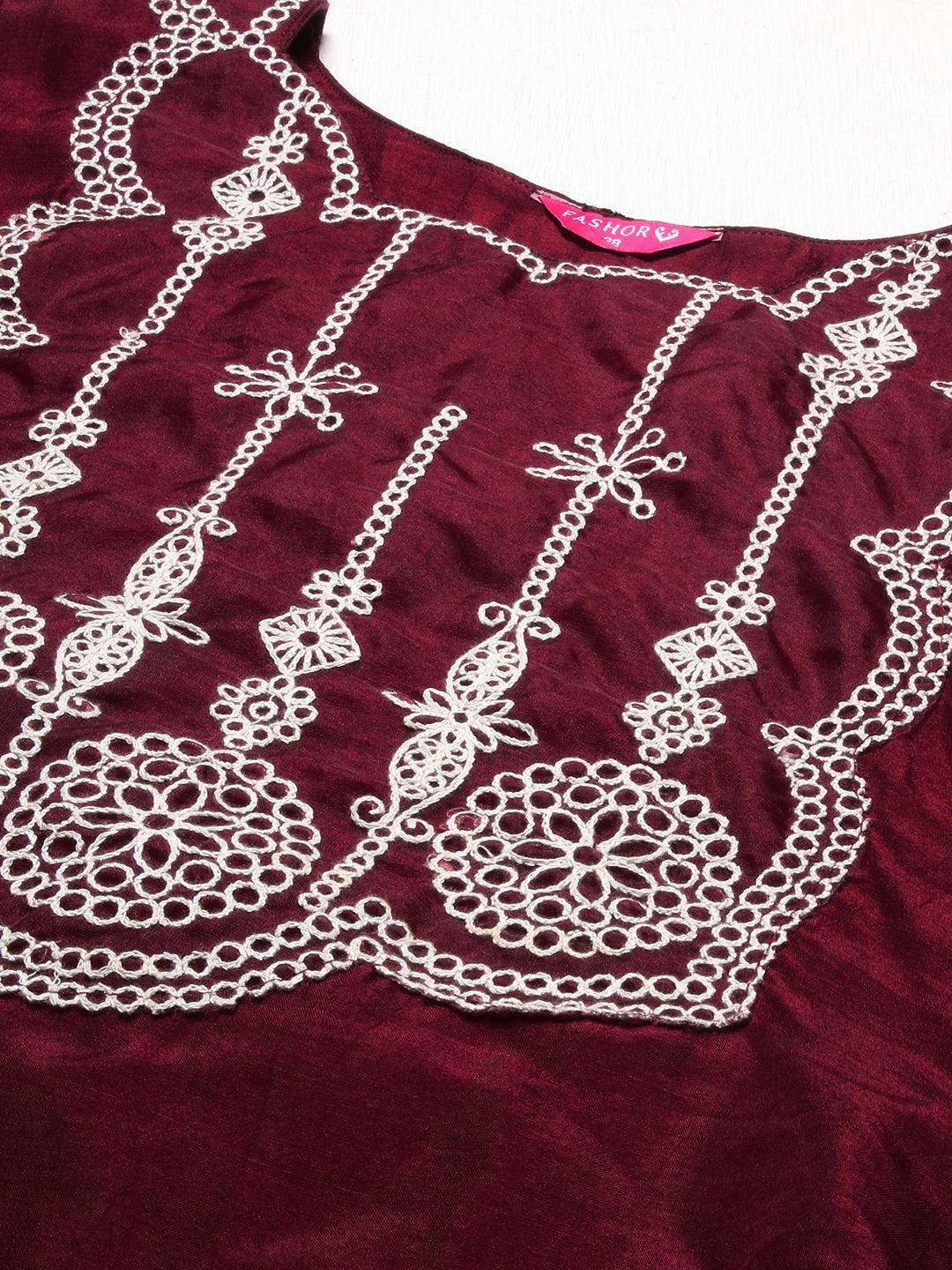 Ethnic Embroidered Kurta with Pants & Dupatta - Maroon - Indiakreations