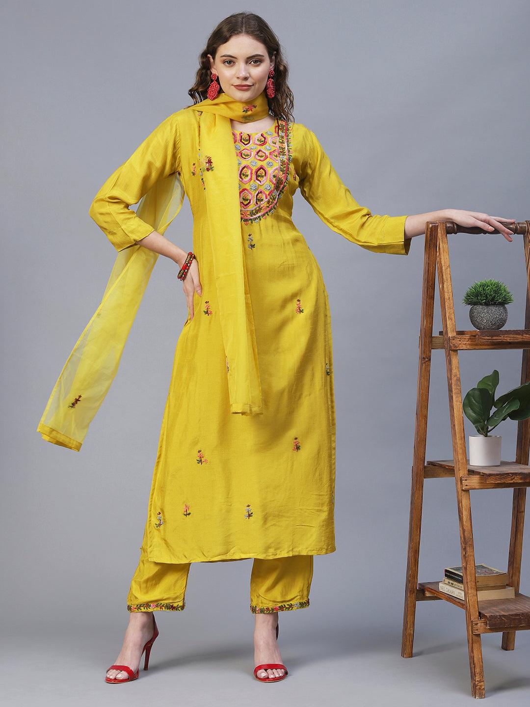 Floral Hand Embroidered Kurta with Pants & Dupatta - Yellow - Indiakreations