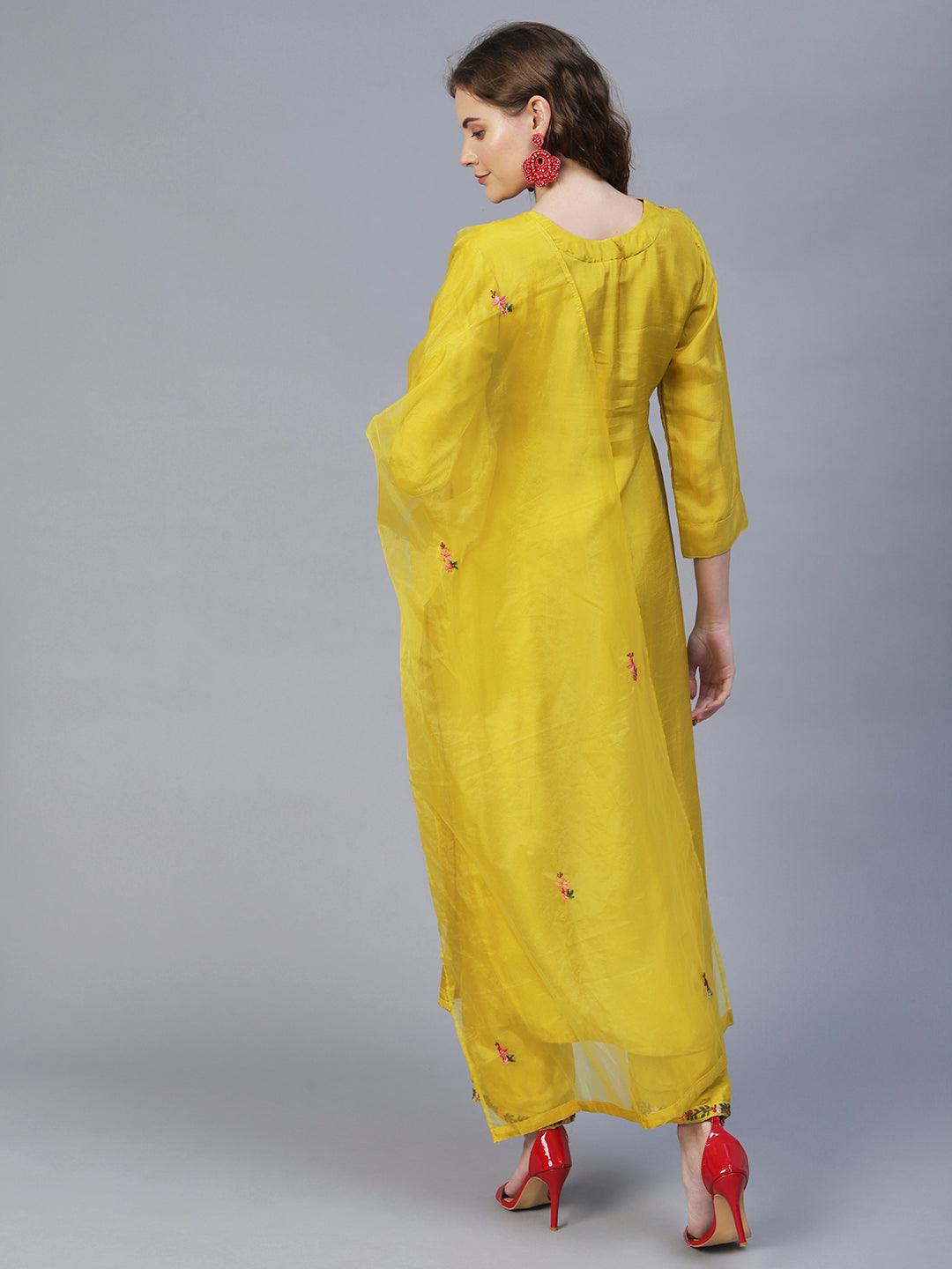 Floral Hand Embroidered Kurta with Pants & Dupatta - Yellow - Indiakreations