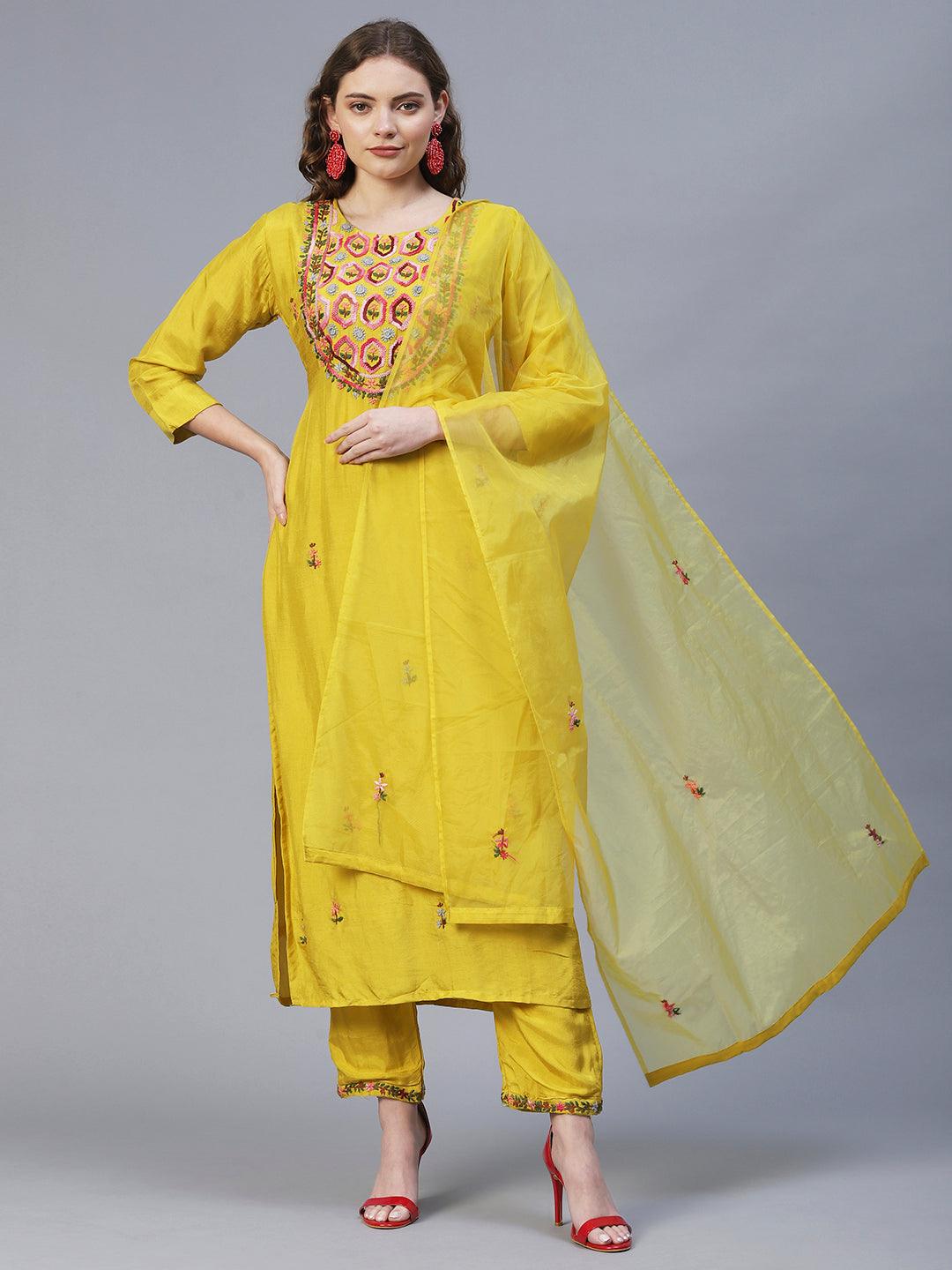 Floral Hand Embroidered Kurta with Pants & Dupatta - Yellow - Indiakreations