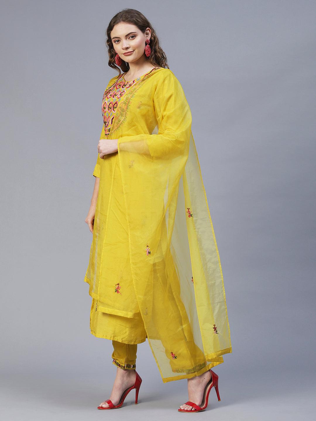 Floral Hand Embroidered Kurta with Pants & Dupatta - Yellow - Indiakreations