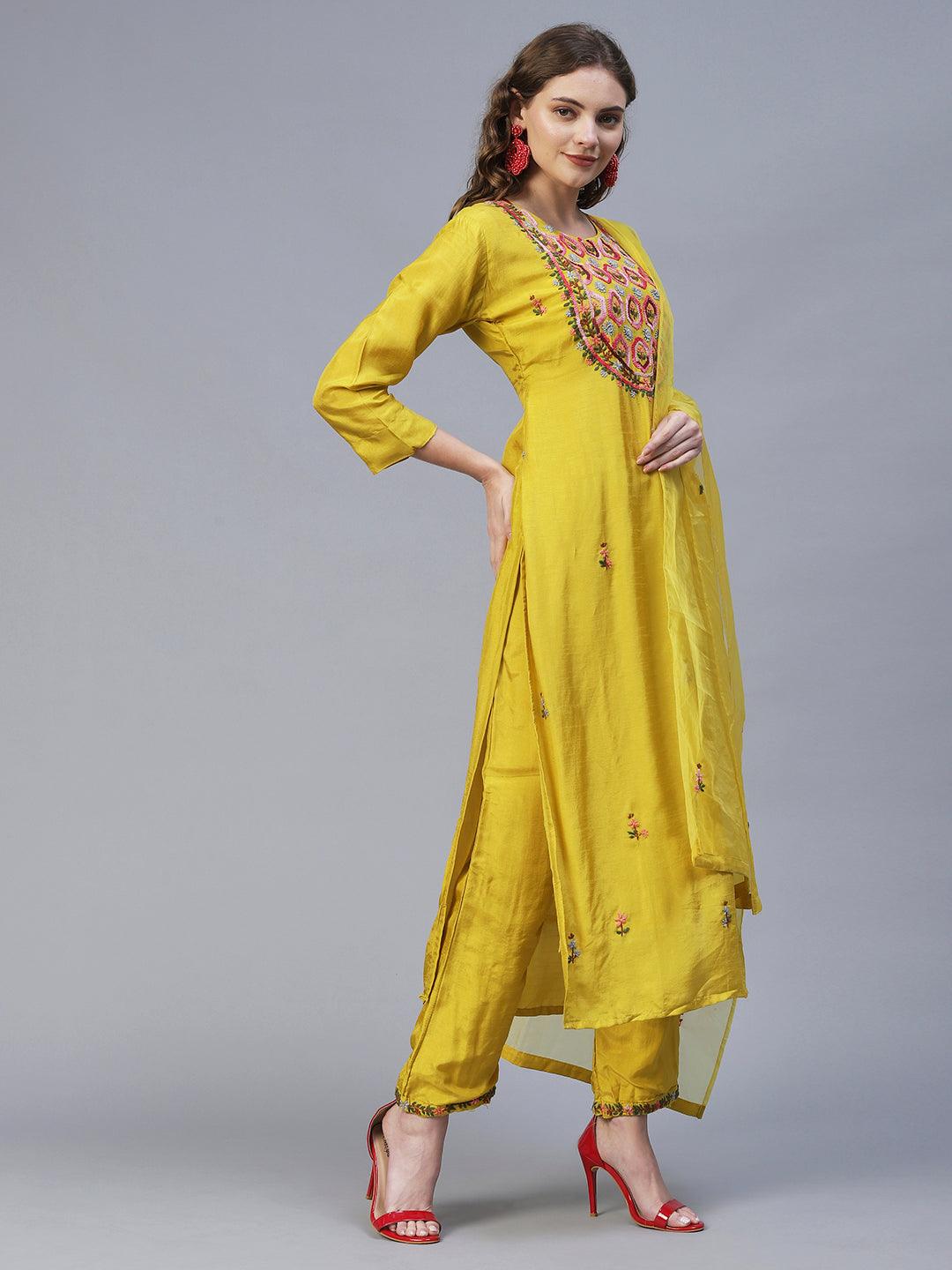 Floral Hand Embroidered Kurta with Pants & Dupatta - Yellow - Indiakreations