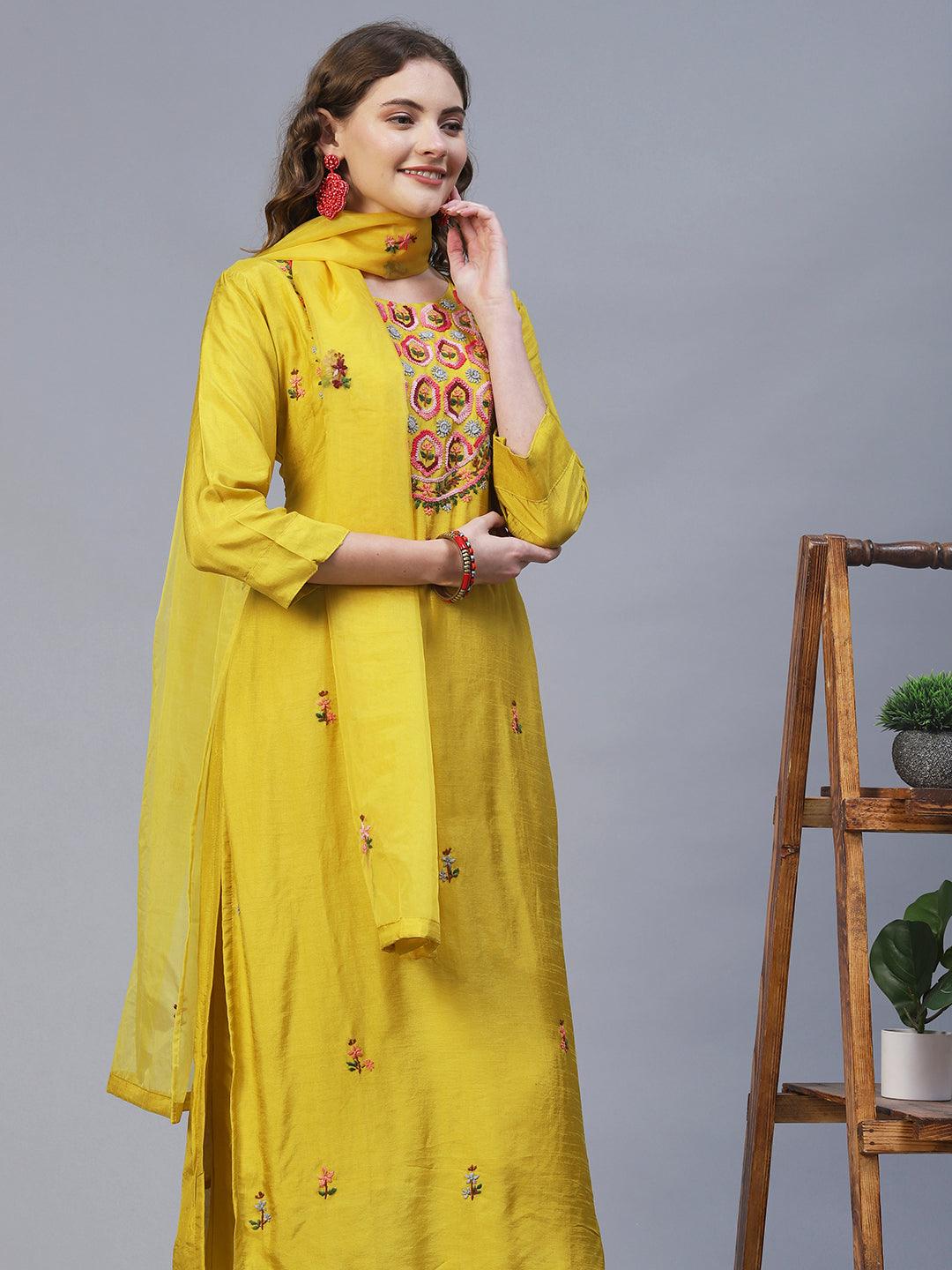 Floral Hand Embroidered Kurta with Pants & Dupatta - Yellow - Indiakreations