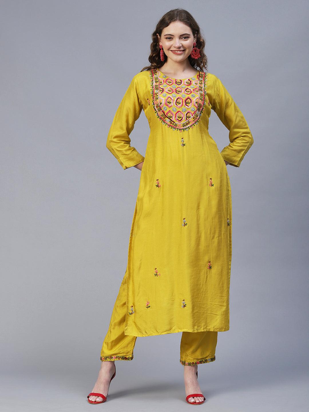 Floral Hand Embroidered Kurta with Pants & Dupatta - Yellow - Indiakreations