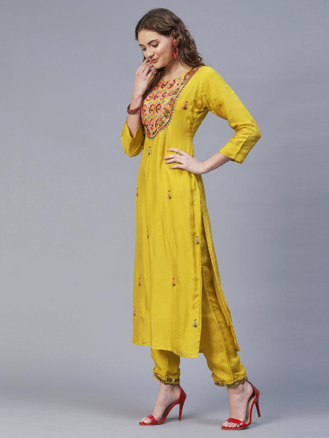 Floral Hand Embroidered Kurta with Pants & Dupatta - Yellow - Indiakreations