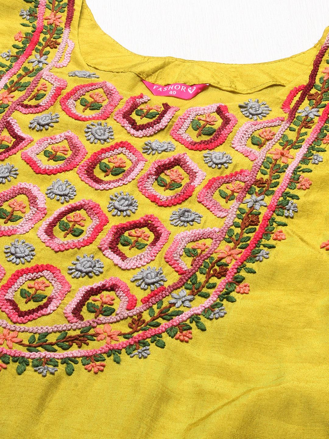 Floral Hand Embroidered Kurta with Pants & Dupatta - Yellow - Indiakreations