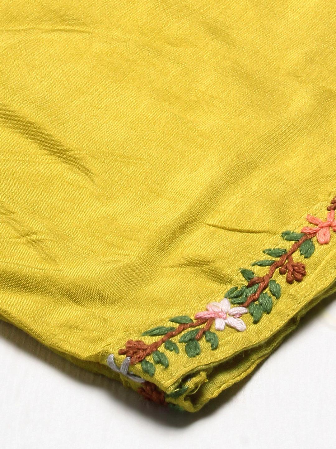 Floral Hand Embroidered Kurta with Pants & Dupatta - Yellow - Indiakreations