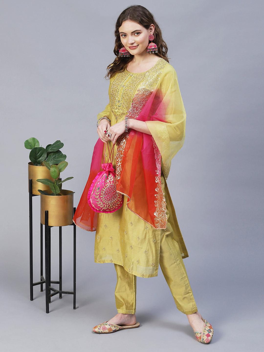 Ethnic Hand Embroidered Straight Kurta with Pants & Dupatta - Pastel Green - Indiakreations