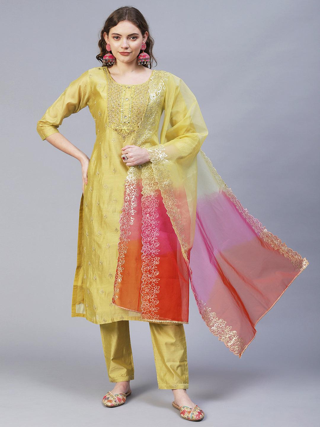 Ethnic Hand Embroidered Straight Kurta with Pants & Dupatta - Pastel Green - Indiakreations