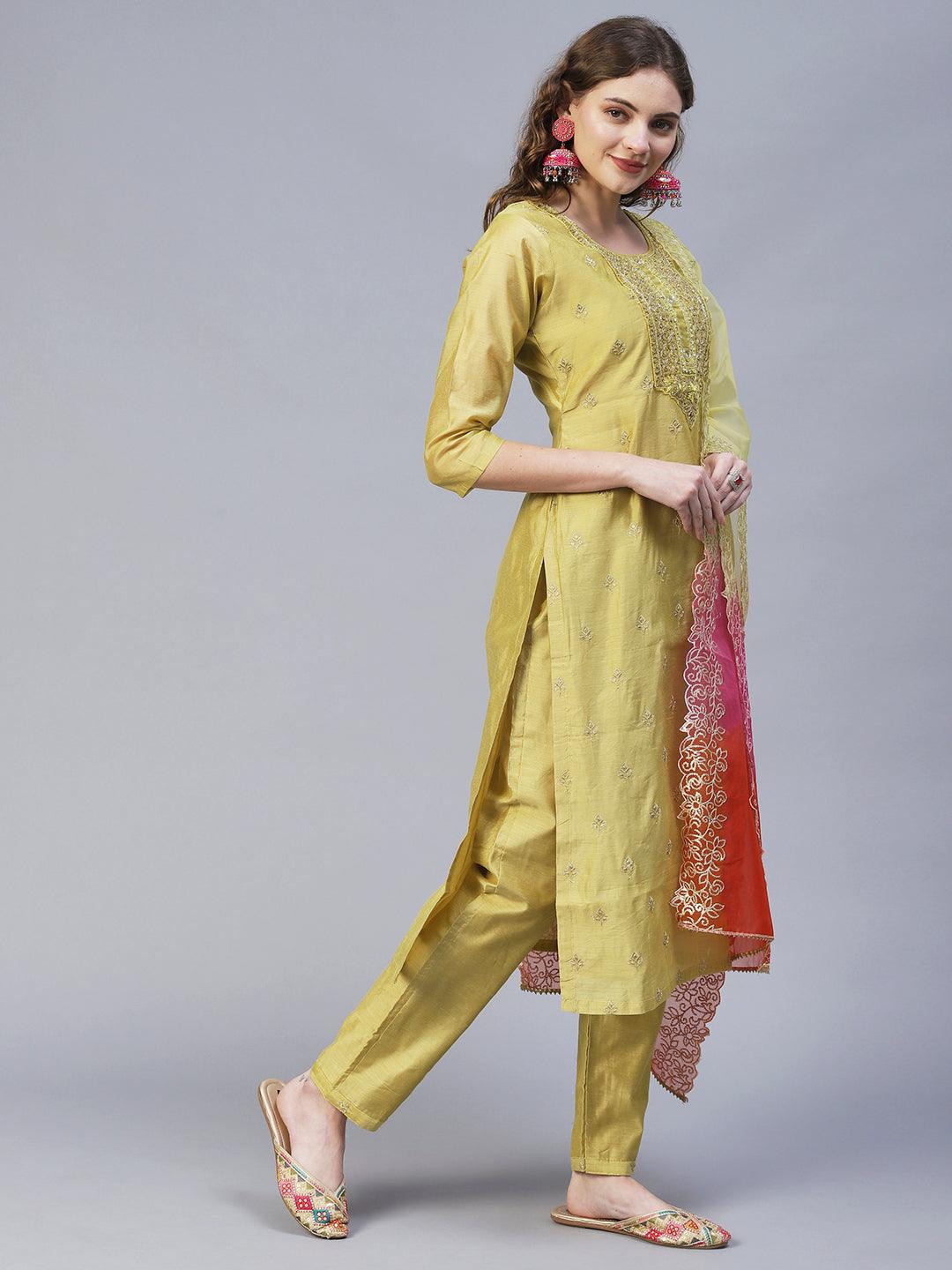 Ethnic Hand Embroidered Straight Kurta with Pants & Dupatta - Pastel Green - Indiakreations