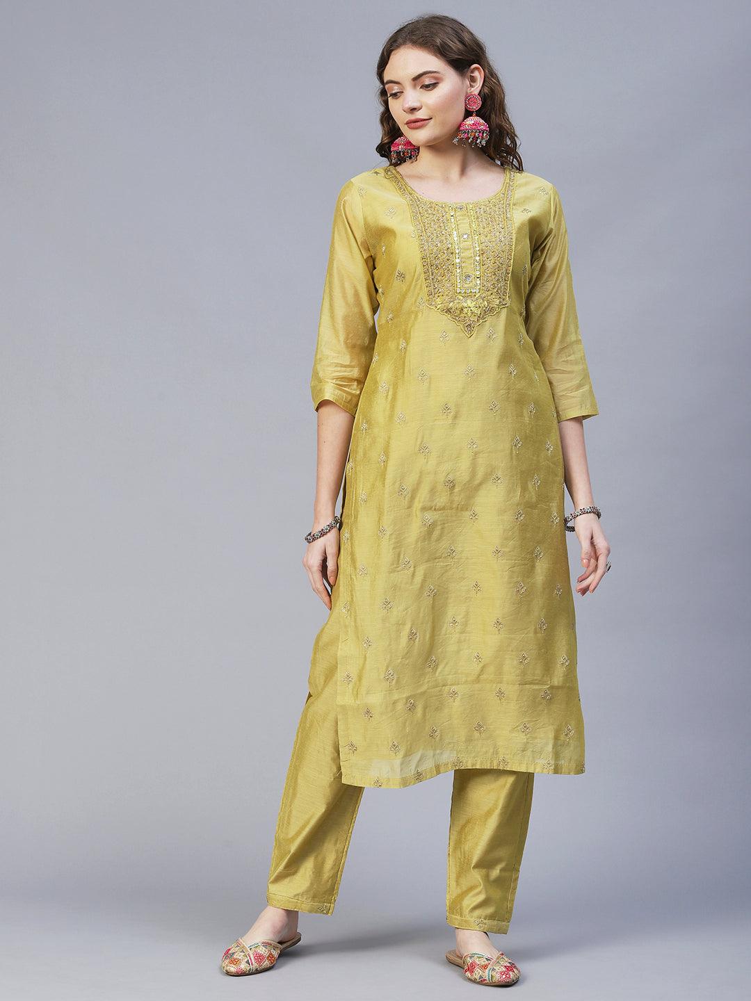 Ethnic Hand Embroidered Straight Kurta with Pants & Dupatta - Pastel Green - Indiakreations