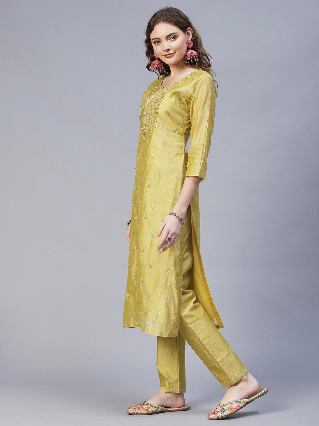 Ethnic Hand Embroidered Straight Kurta with Pants & Dupatta - Pastel Green - Indiakreations