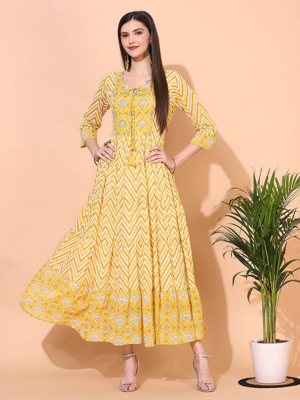 Zig-Zag Printed & Hand Embroidered Tiered Flared Maxi Dress - Yellow - Indiakreations