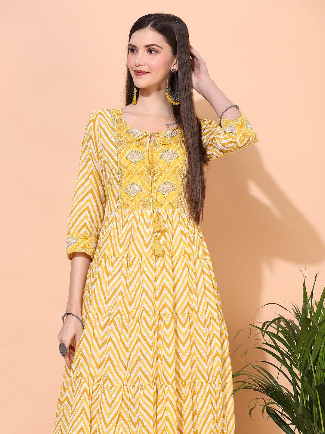 Zig-Zag Printed & Hand Embroidered Tiered Flared Maxi Dress - Yellow - Indiakreations