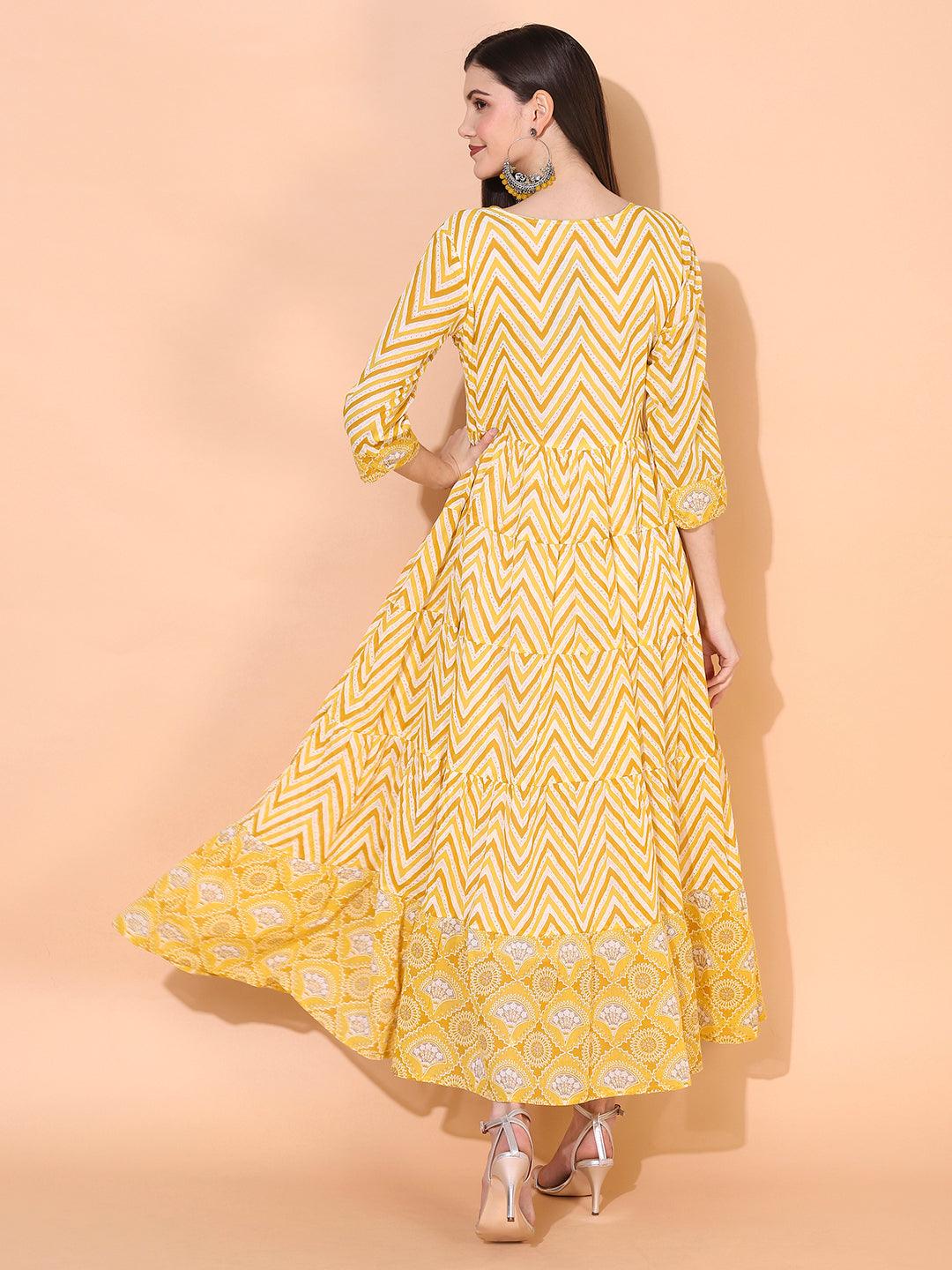 Zig-Zag Printed & Hand Embroidered Tiered Flared Maxi Dress - Yellow - Indiakreations