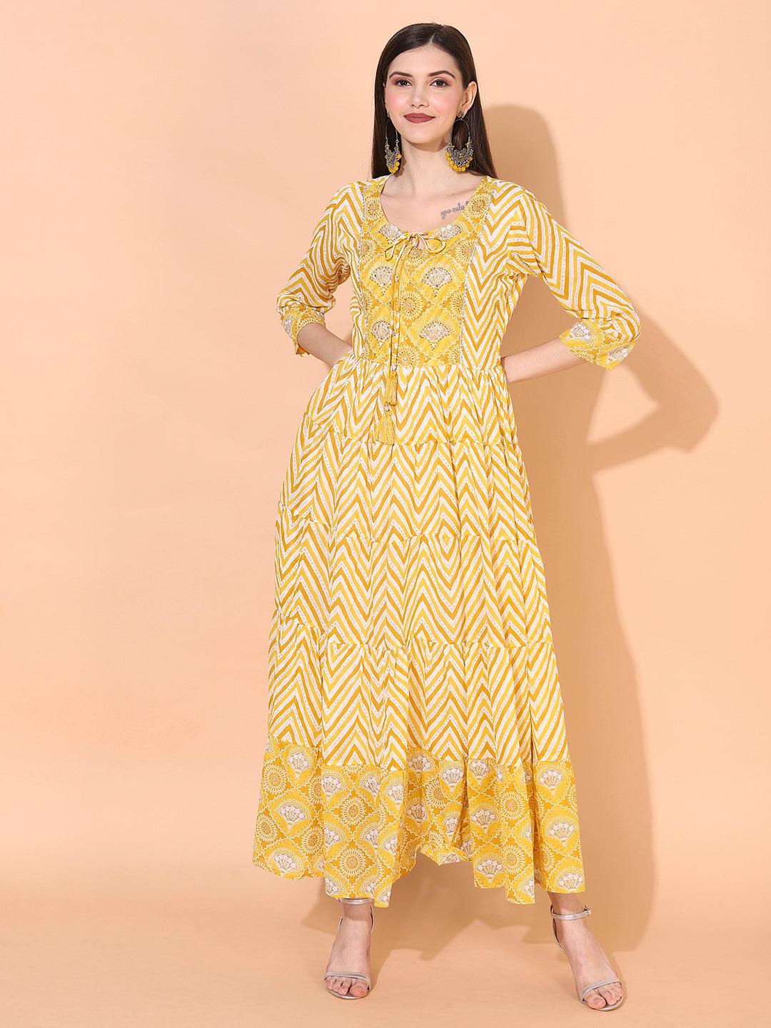 Zig-Zag Printed & Hand Embroidered Tiered Flared Maxi Dress - Yellow - Indiakreations