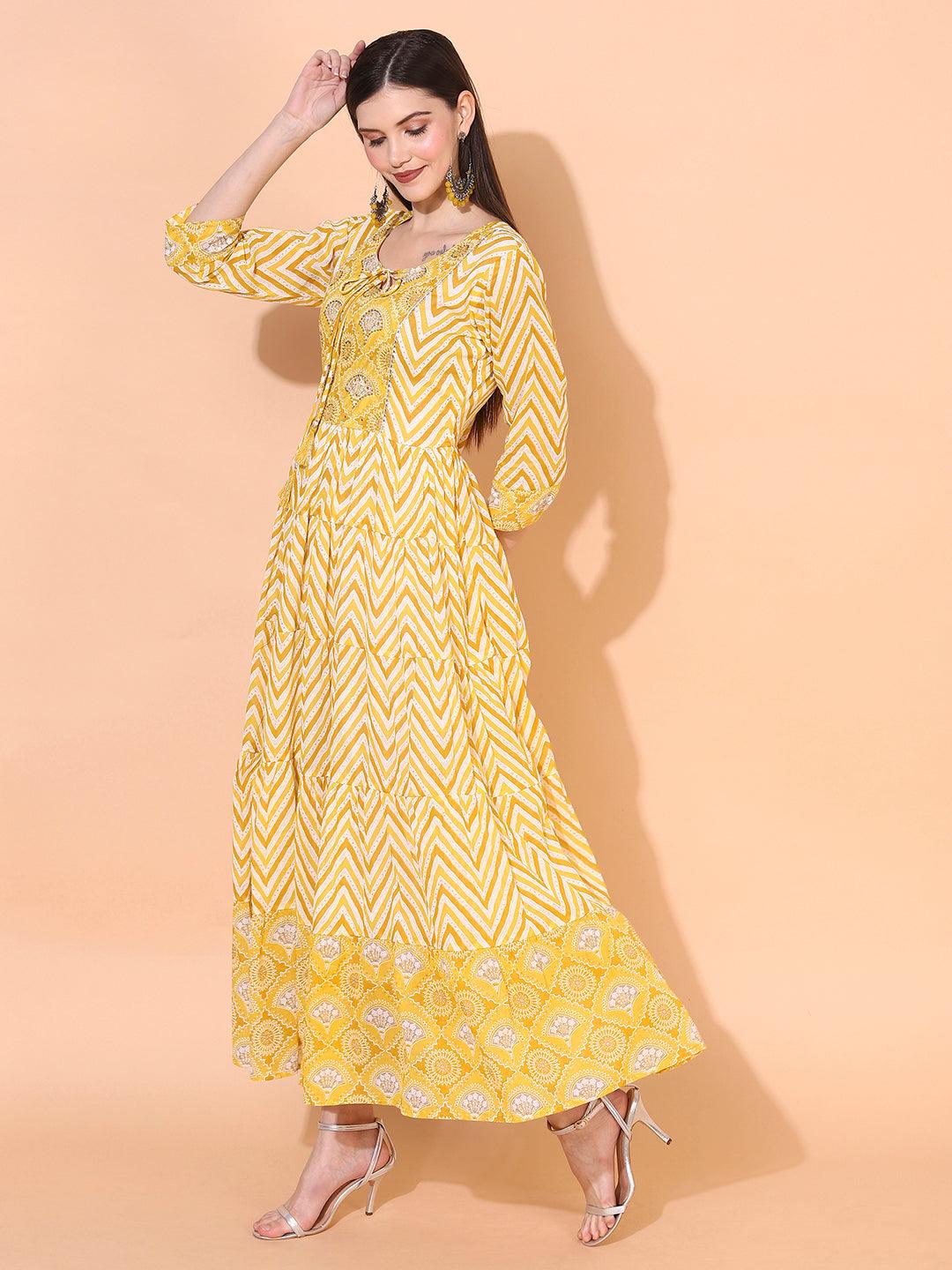 Zig-Zag Printed & Hand Embroidered Tiered Flared Maxi Dress - Yellow - Indiakreations