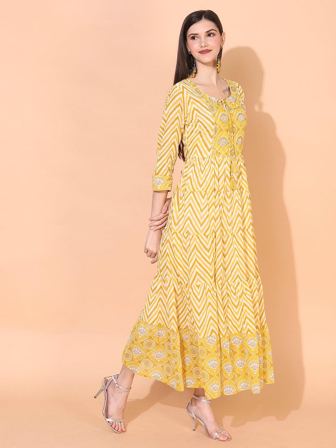 Zig-Zag Printed & Hand Embroidered Tiered Flared Maxi Dress - Yellow - Indiakreations