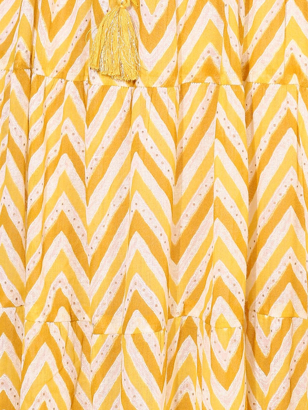 Zig-Zag Printed & Hand Embroidered Tiered Flared Maxi Dress - Yellow - Indiakreations