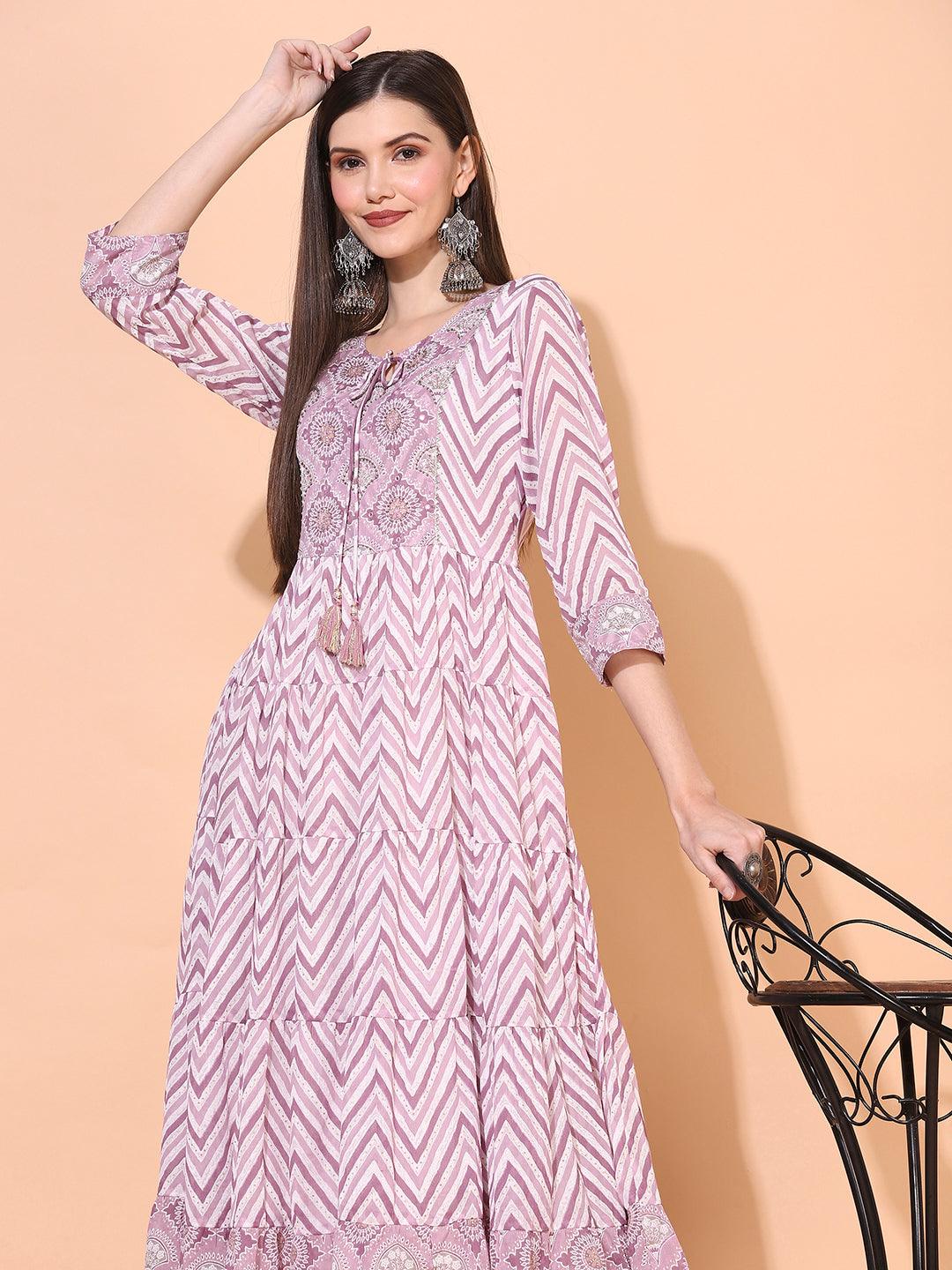 Zig-Zag Printed & Hand Embroidered Tiered Flared Maxi Dress - Lilac Purple - Indiakreations