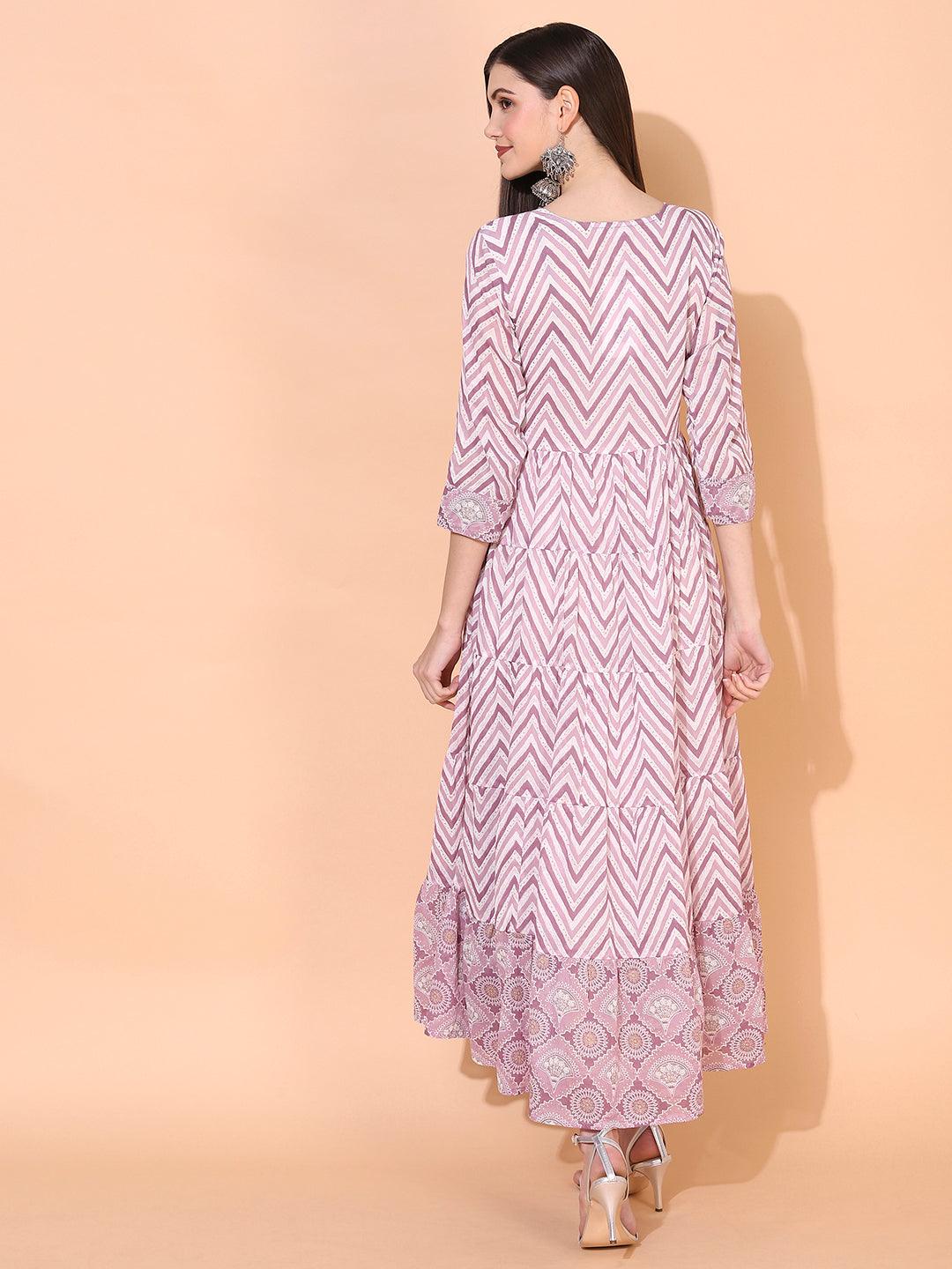 Zig-Zag Printed & Hand Embroidered Tiered Flared Maxi Dress - Lilac Purple - Indiakreations