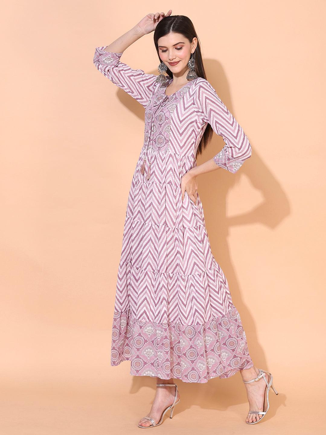 Zig-Zag Printed & Hand Embroidered Tiered Flared Maxi Dress - Lilac Purple - Indiakreations