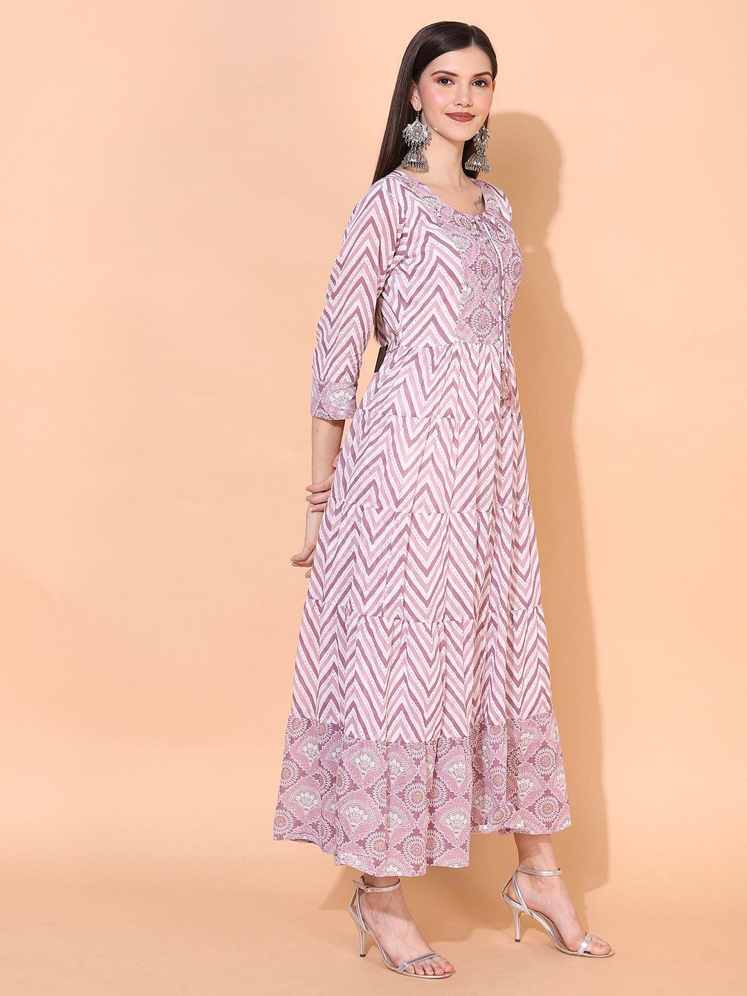 Zig-Zag Printed & Hand Embroidered Tiered Flared Maxi Dress - Lilac Purple - Indiakreations