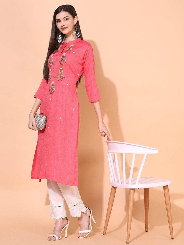 Ethnic Woven & Hand Embroidered Straight Fit Kurta – Pink - Indiakreations