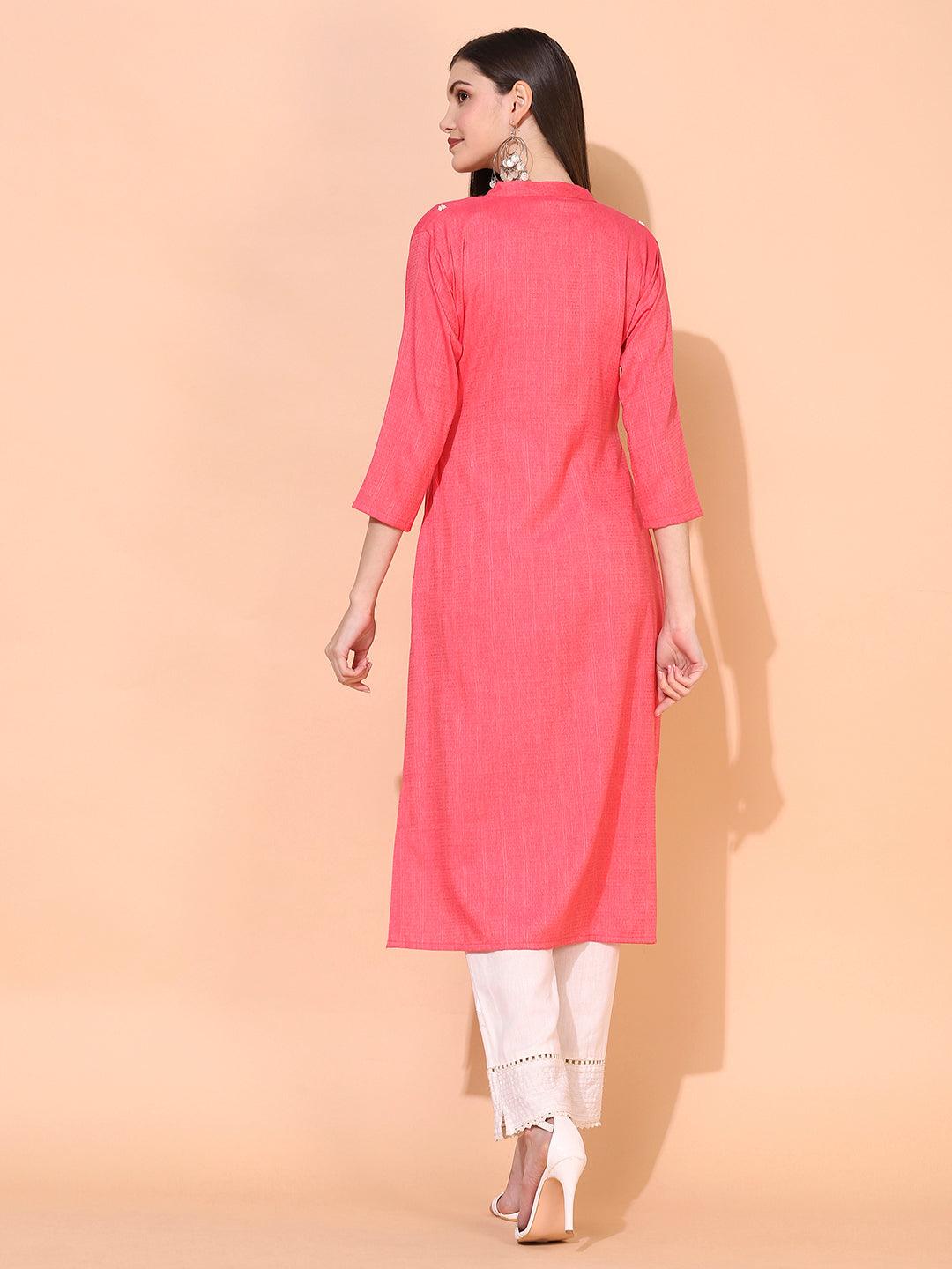 Ethnic Woven & Hand Embroidered Straight Fit Kurta – Pink - Indiakreations