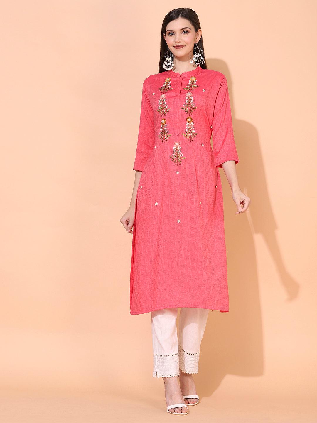 Ethnic Woven & Hand Embroidered Straight Fit Kurta – Pink - Indiakreations