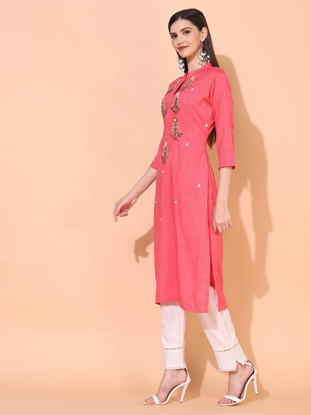 Ethnic Woven & Hand Embroidered Straight Fit Kurta – Pink - Indiakreations