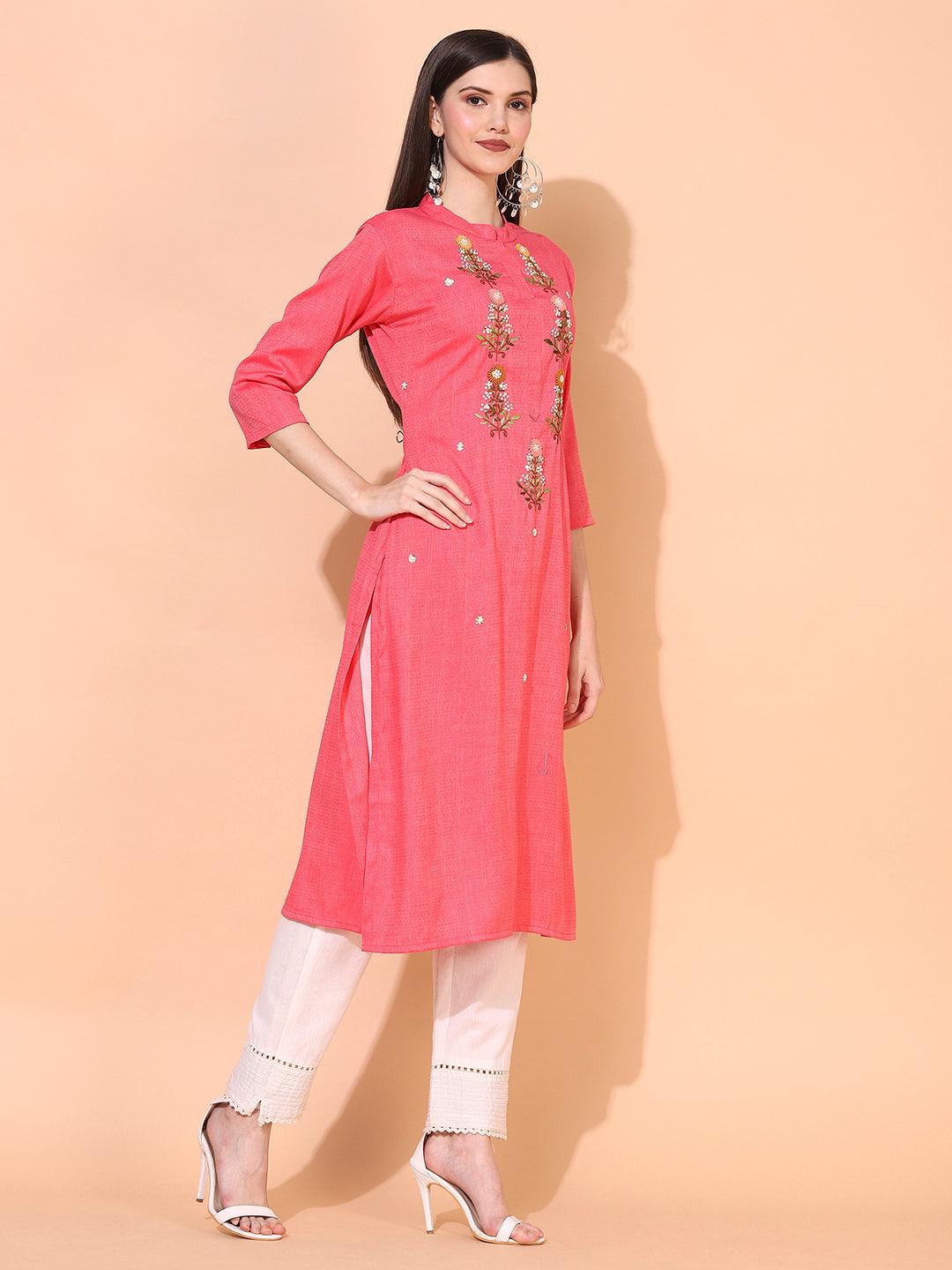 Ethnic Woven & Hand Embroidered Straight Fit Kurta – Pink - Indiakreations