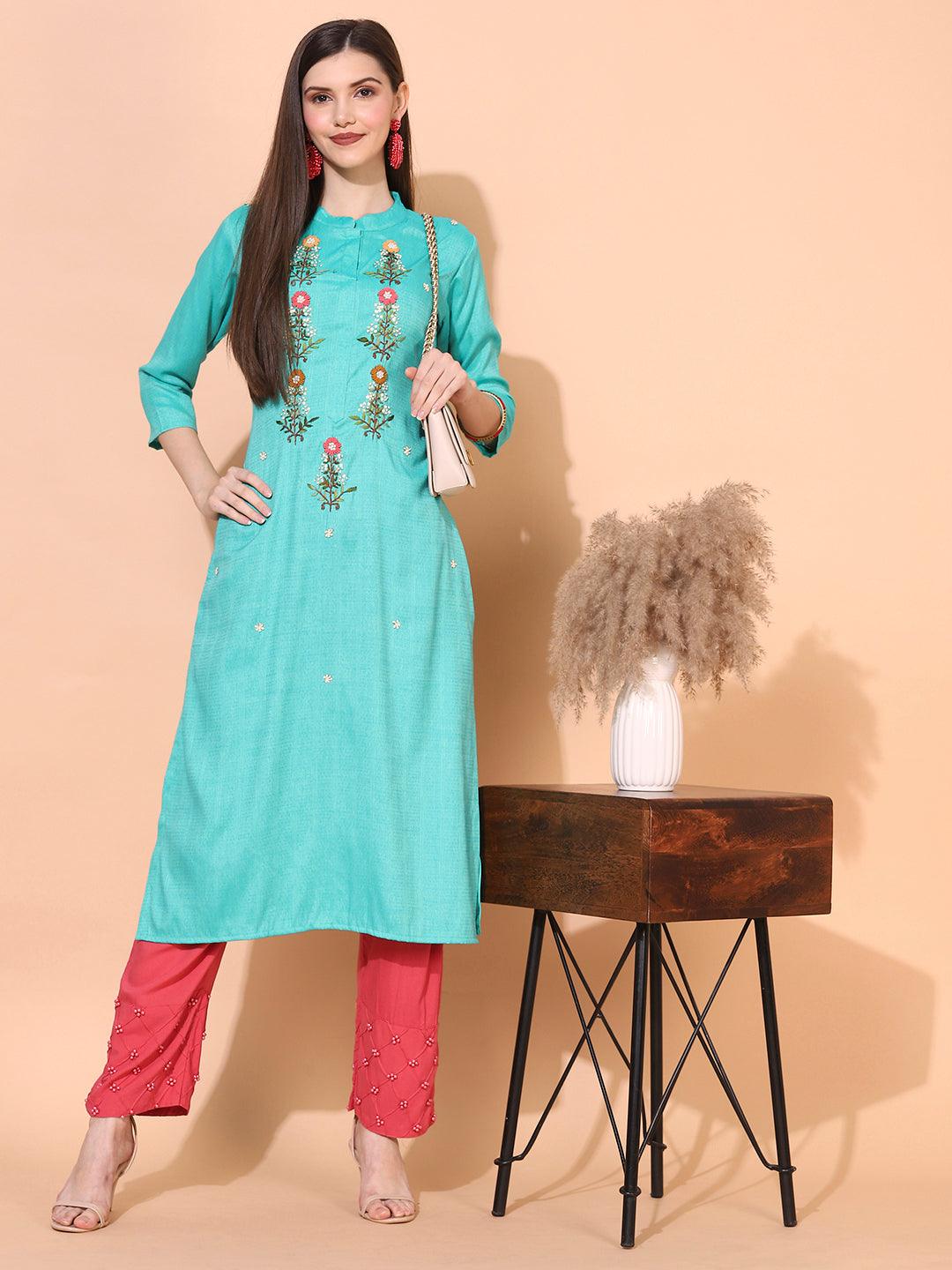 Ethnic Woven & Hand Embroidered Straight Fit Kurta – Green - Indiakreations