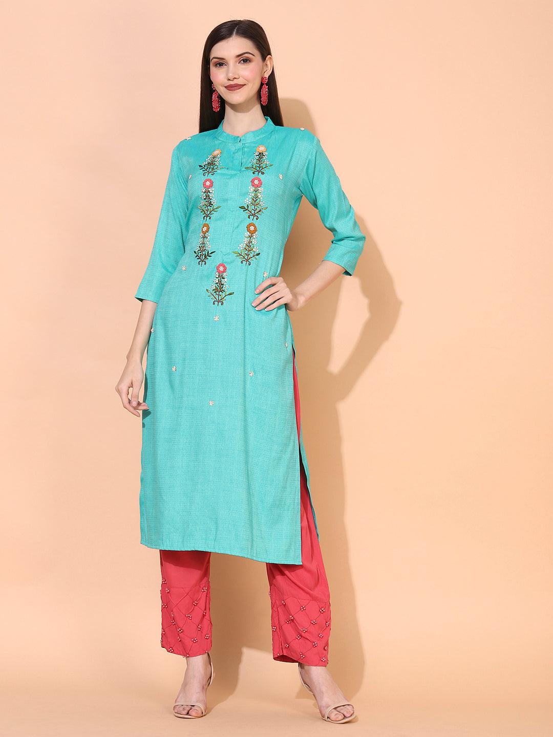 Ethnic Woven & Hand Embroidered Straight Fit Kurta – Green - Indiakreations