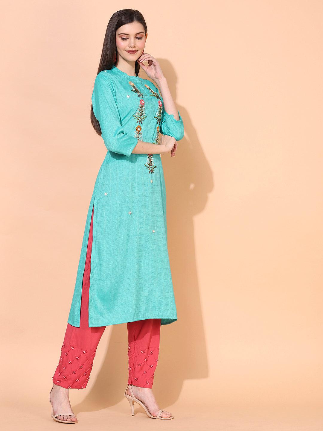 Ethnic Woven & Hand Embroidered Straight Fit Kurta – Green - Indiakreations