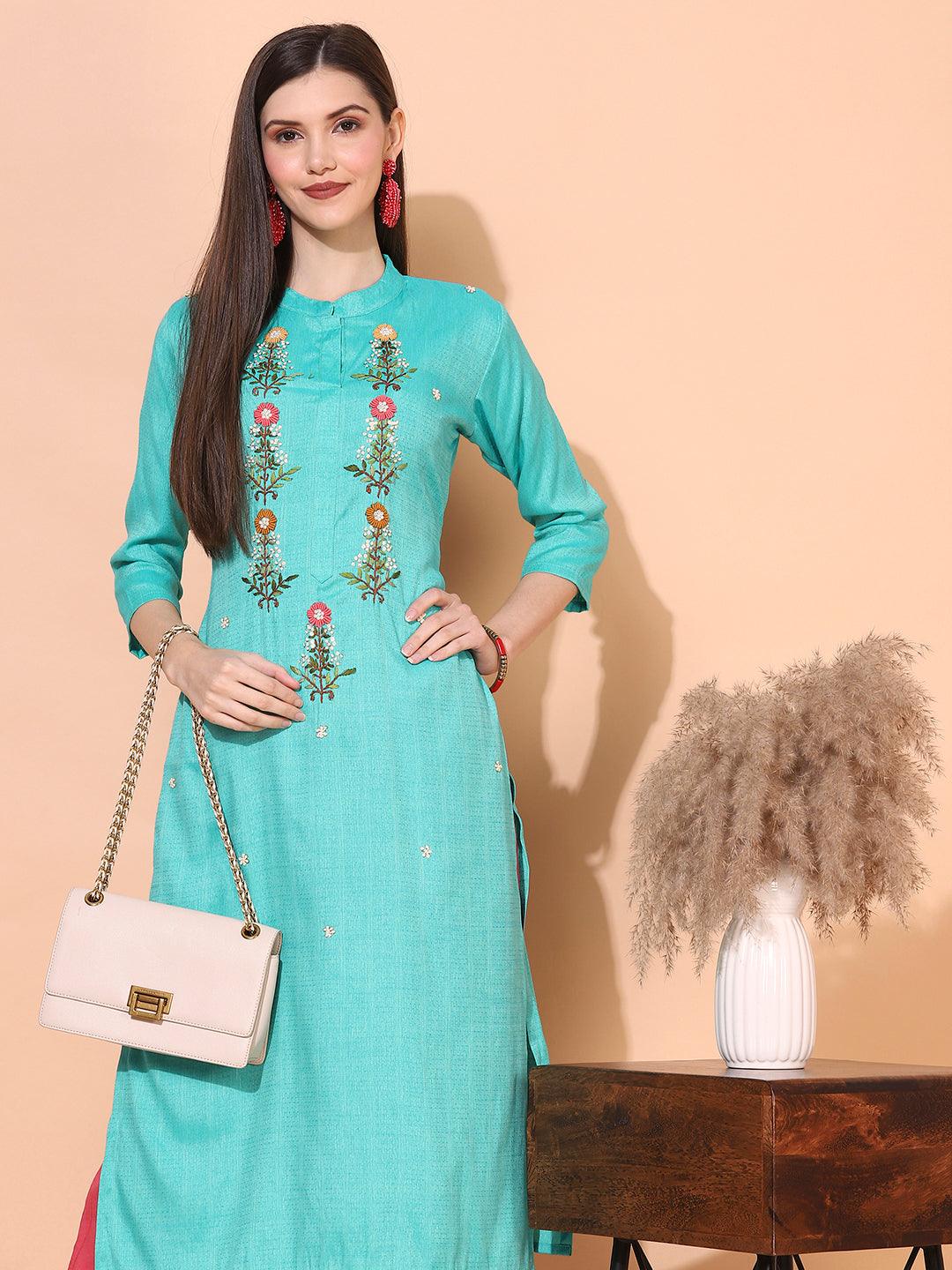 Ethnic Woven & Hand Embroidered Straight Fit Kurta – Green - Indiakreations