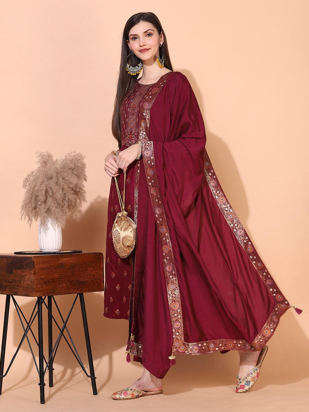 Ethnic Woven Straight Kurta with Pants & Dupatta - Wine - Indiakreations