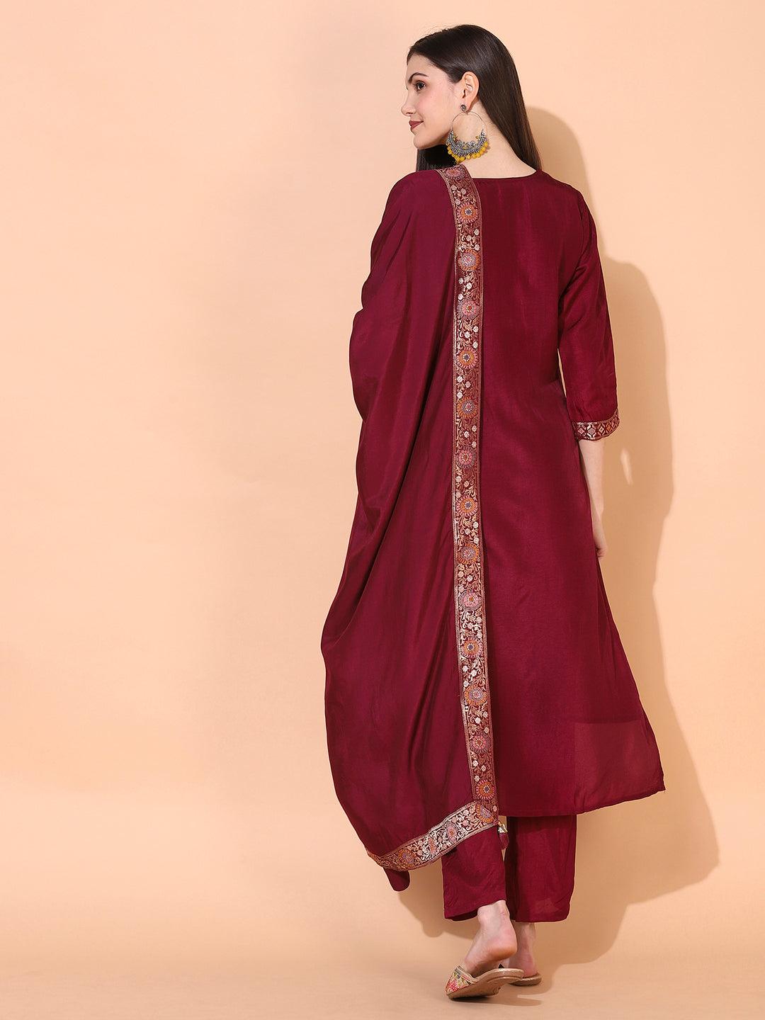 Ethnic Woven Straight Kurta with Pants & Dupatta - Wine - Indiakreations