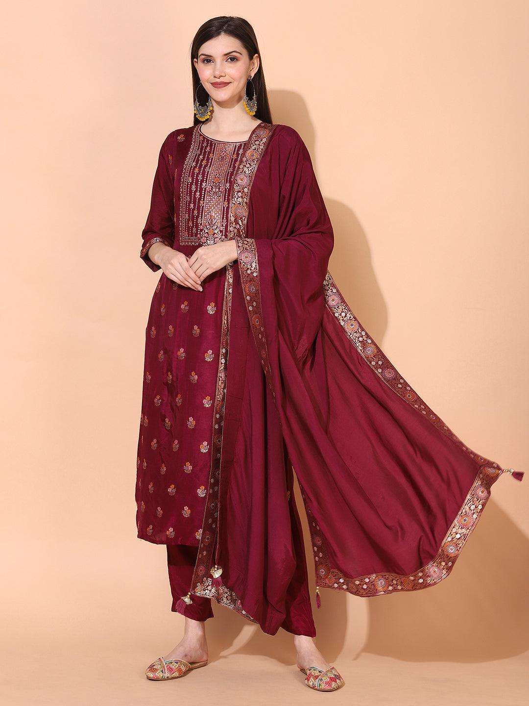 Ethnic Woven Straight Kurta with Pants & Dupatta - Wine - Indiakreations