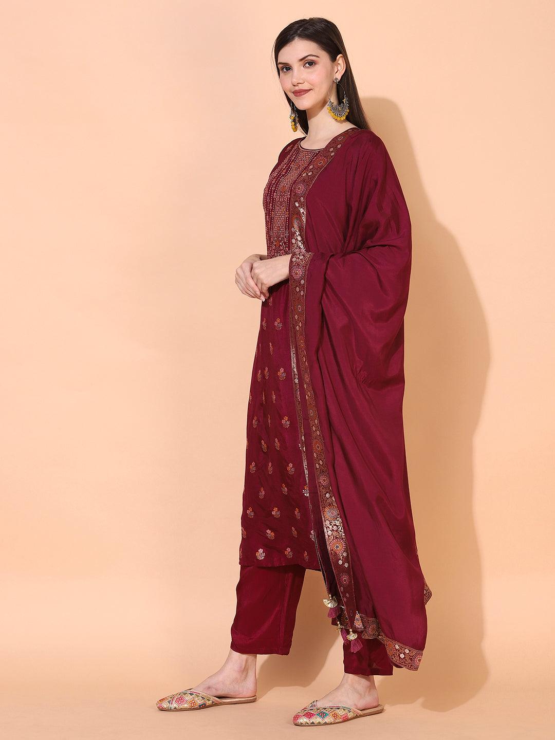 Ethnic Woven Straight Kurta with Pants & Dupatta - Wine - Indiakreations