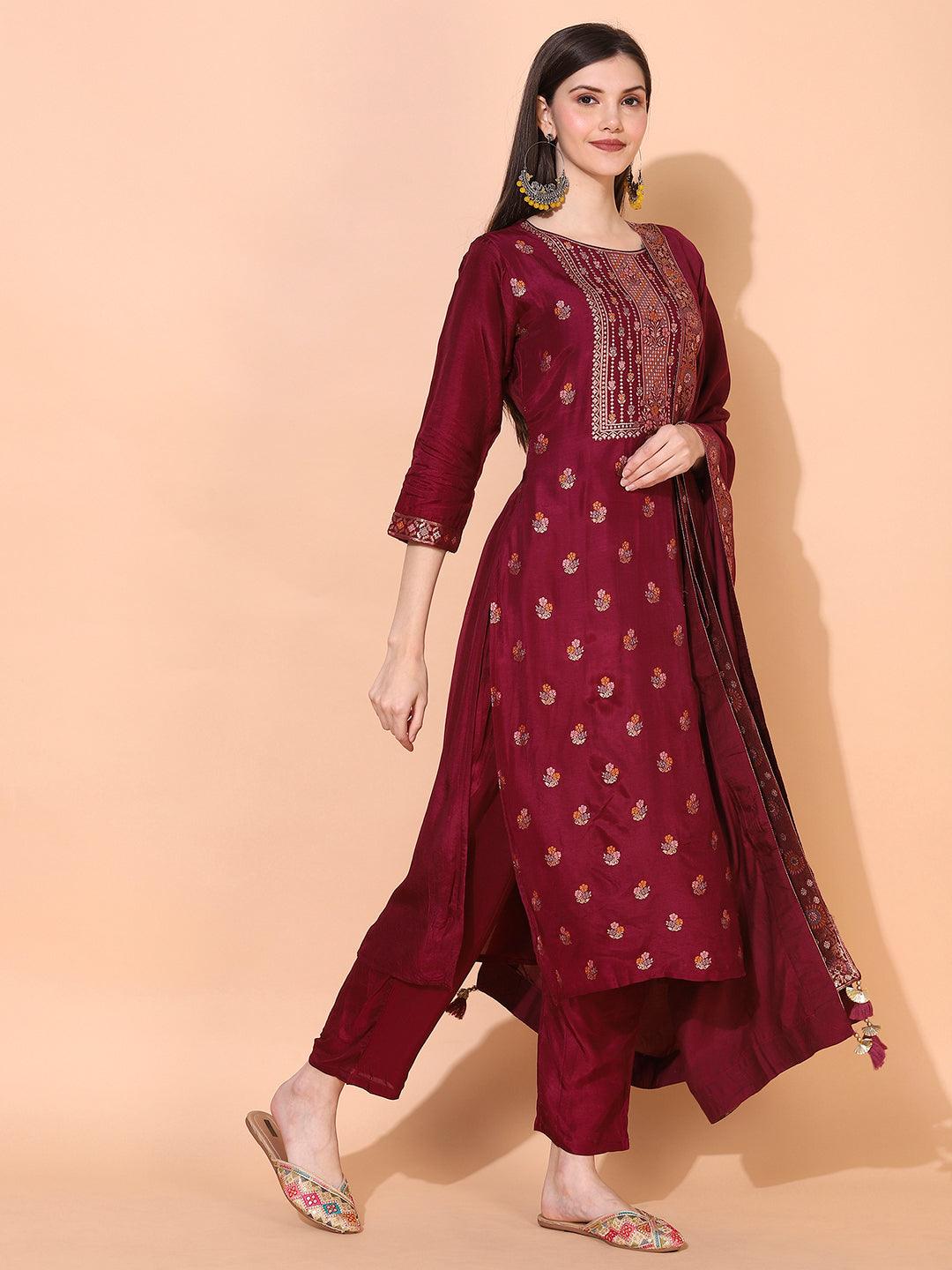 Ethnic Woven Straight Kurta with Pants & Dupatta - Wine - Indiakreations