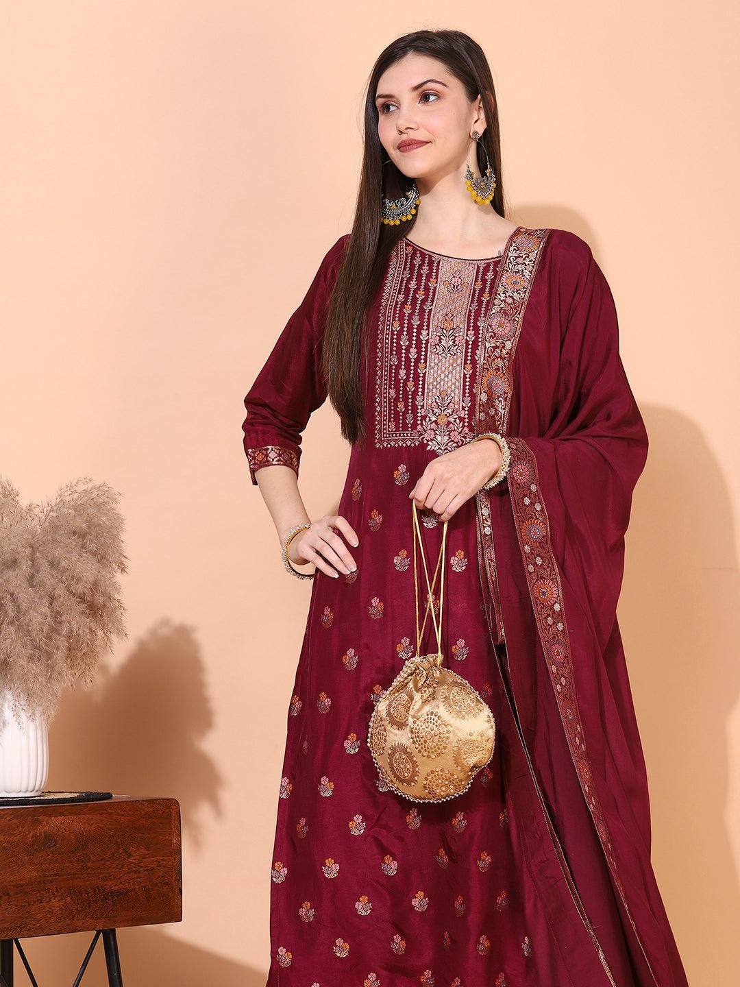 Ethnic Woven Straight Kurta with Pants & Dupatta - Wine - Indiakreations