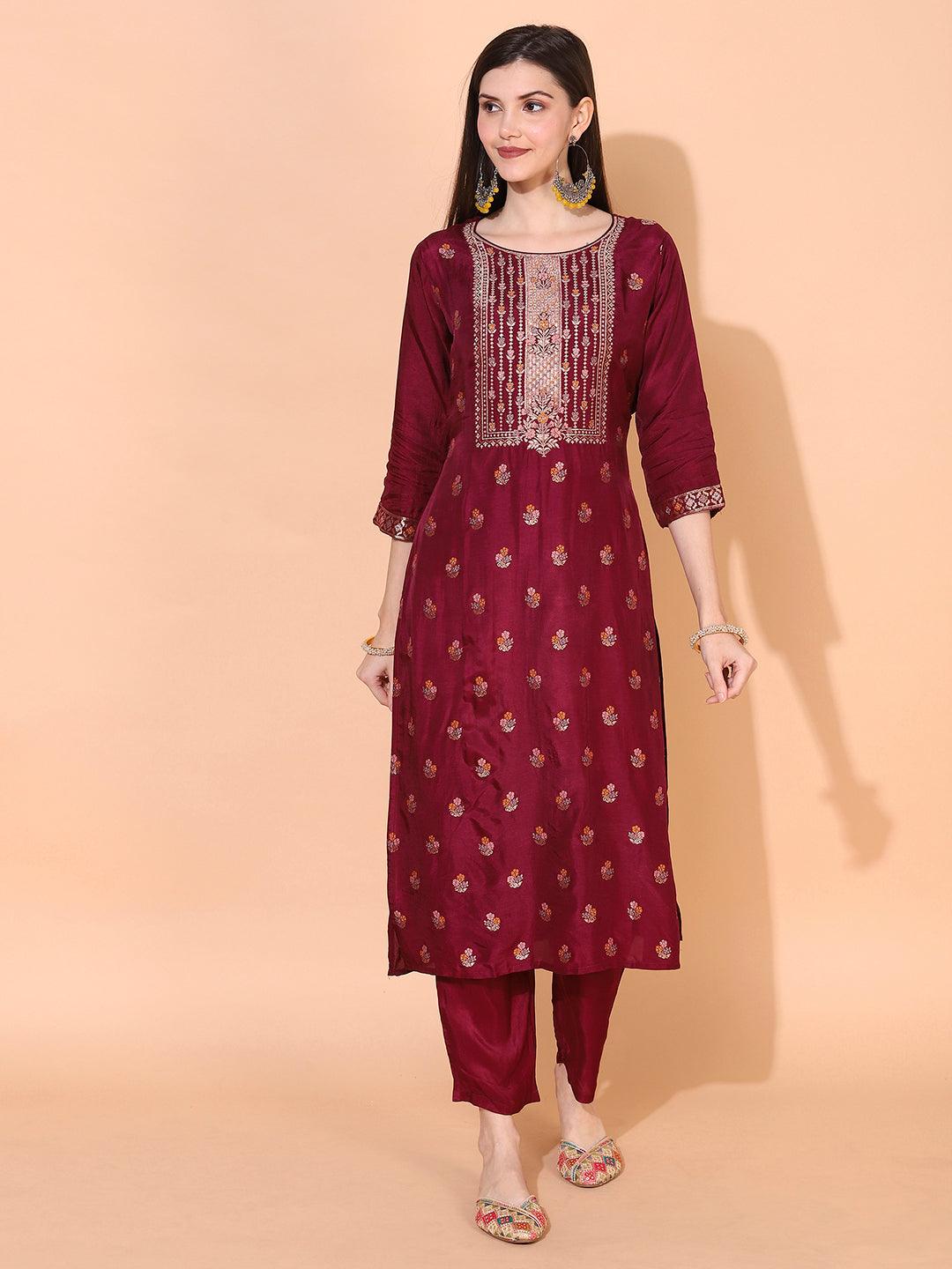 Ethnic Woven Straight Kurta with Pants & Dupatta - Wine - Indiakreations