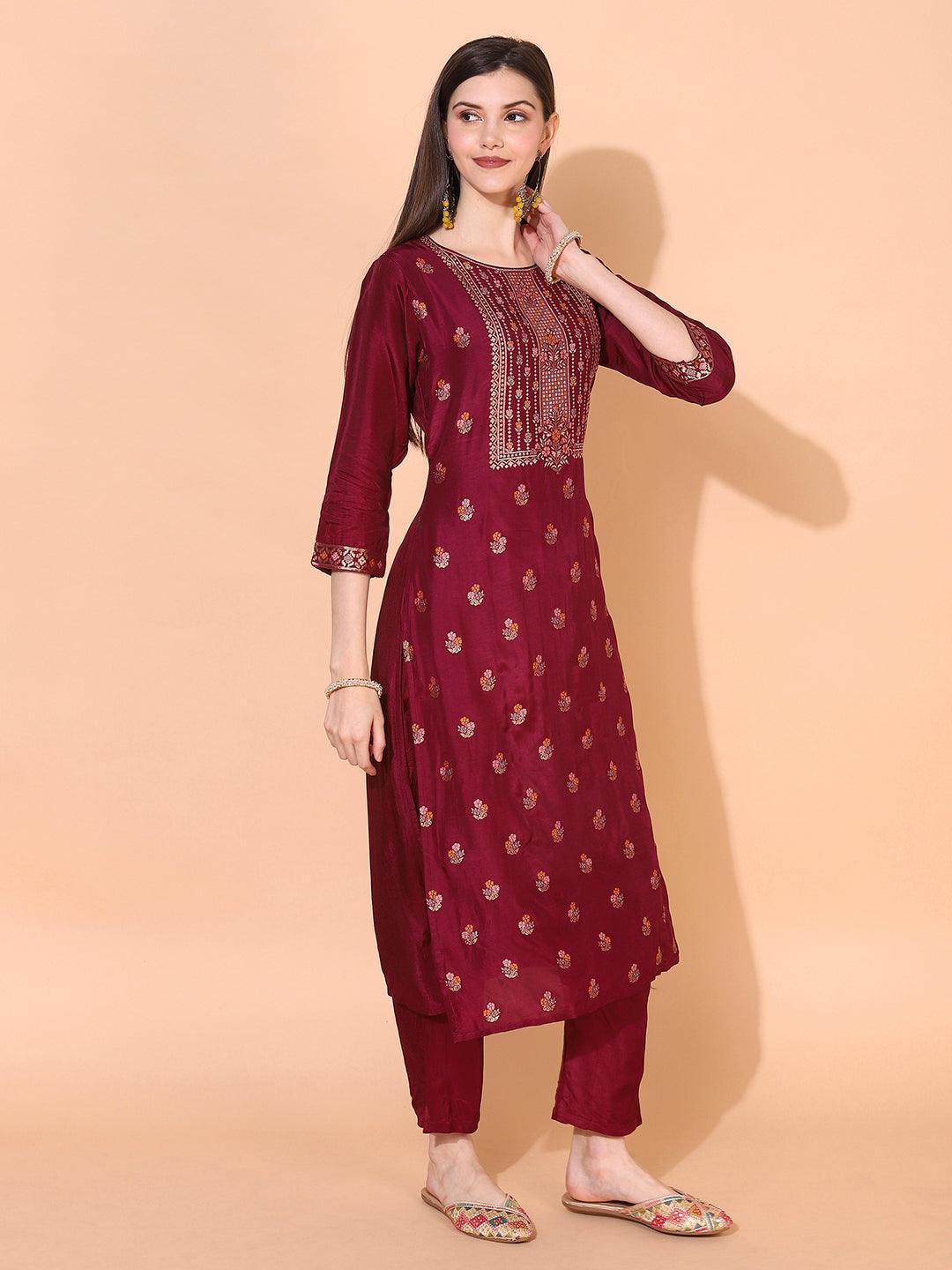 Ethnic Woven Straight Kurta with Pants & Dupatta - Wine - Indiakreations