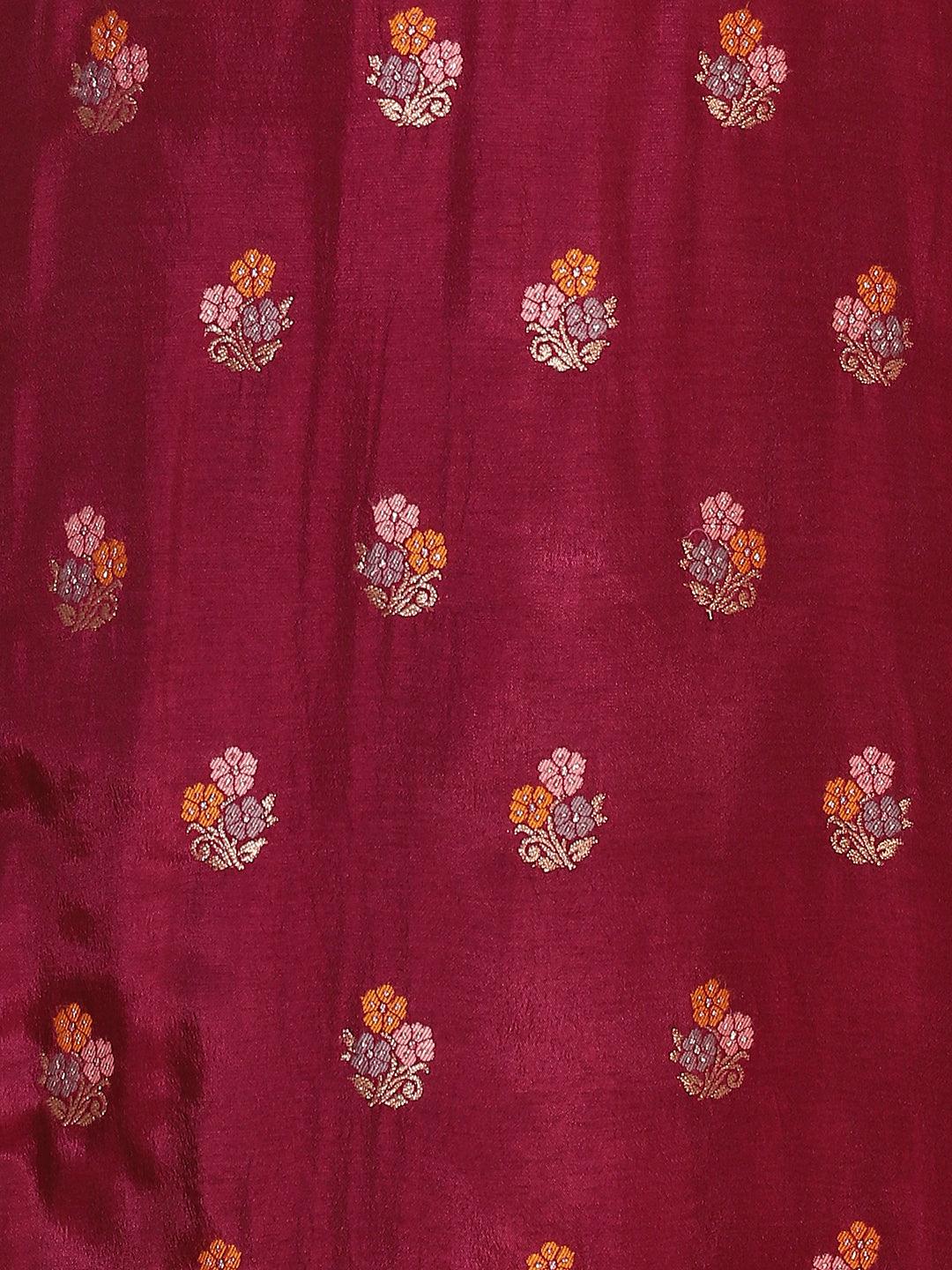 Ethnic Woven Straight Kurta with Pants & Dupatta - Wine - Indiakreations