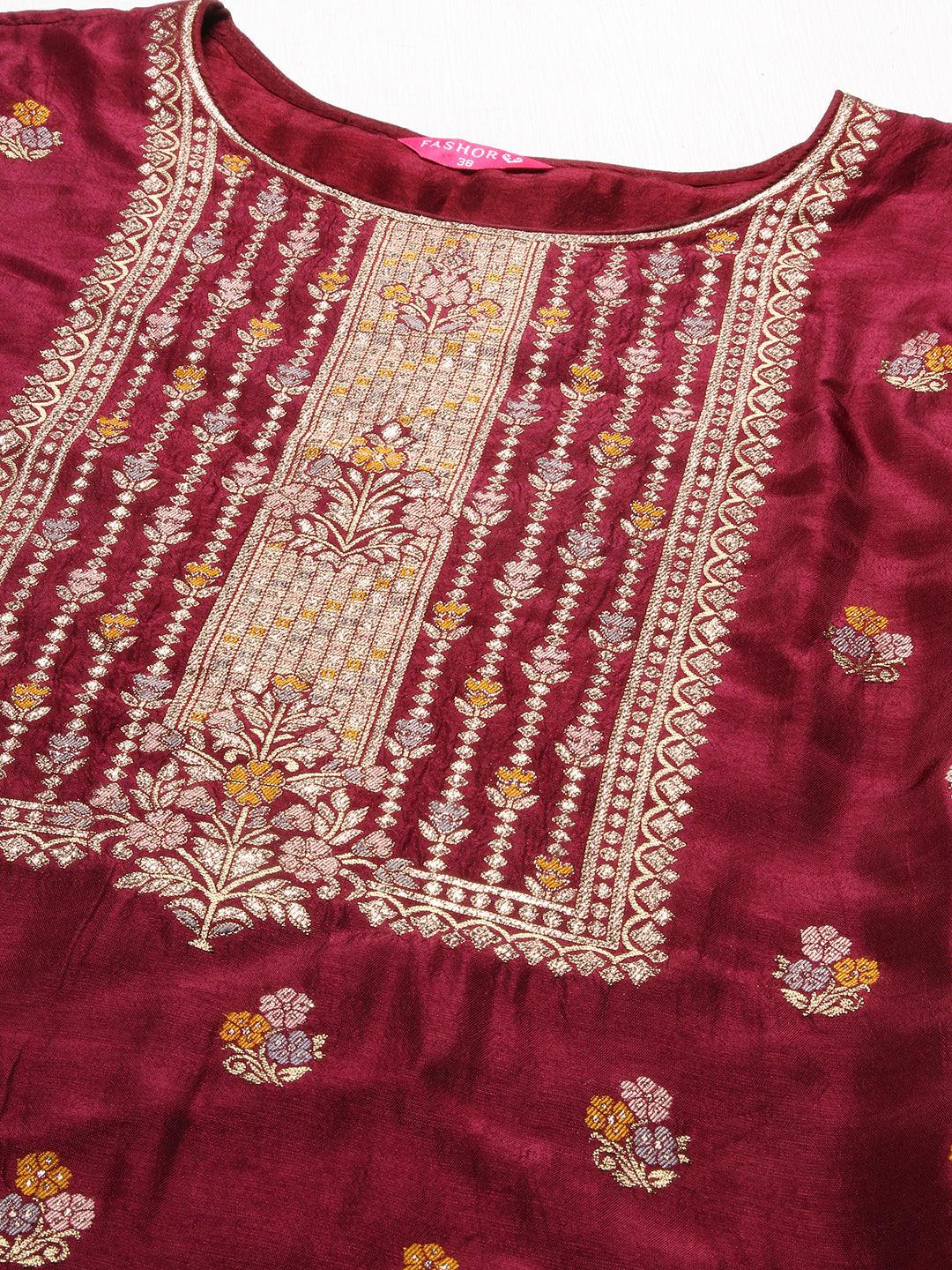 Ethnic Woven Straight Kurta with Pants & Dupatta - Wine - Indiakreations