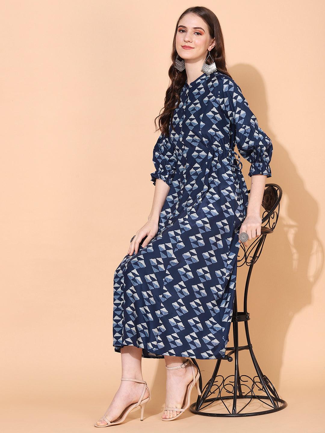 Ethnic Printed A-Line Midi Dress - Blue - Indiakreations